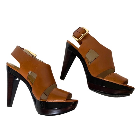 MICHAEL KORS WOMENS LEATHER PLATFORM HEELS SANDALS SLINGBACK PEEP TOE - Picture 3 of 7